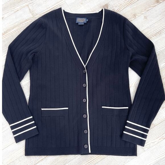 Pendleton Sweaters - Pendleton Preppy V-Neck Silk Blend Ribbed Cardigan | Black/White Medium‎
